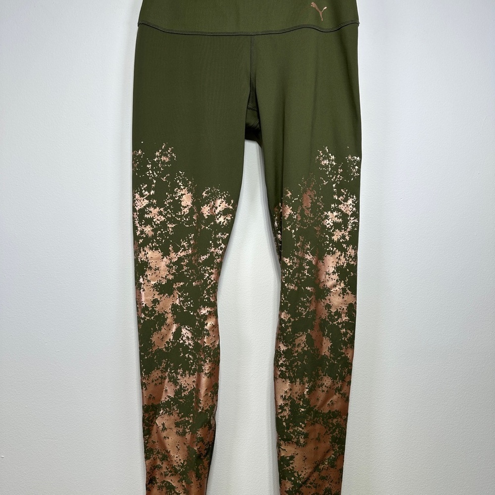 PUMA Olive Green Metallic Gold Performance Leggings Full Length Training Tights